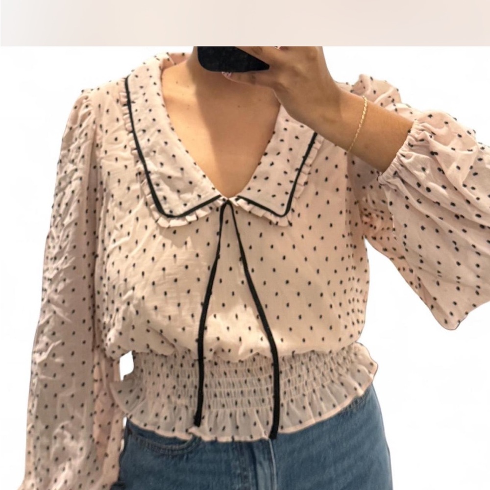 Elegant Pink Polka Dot Blouse with Black Trim